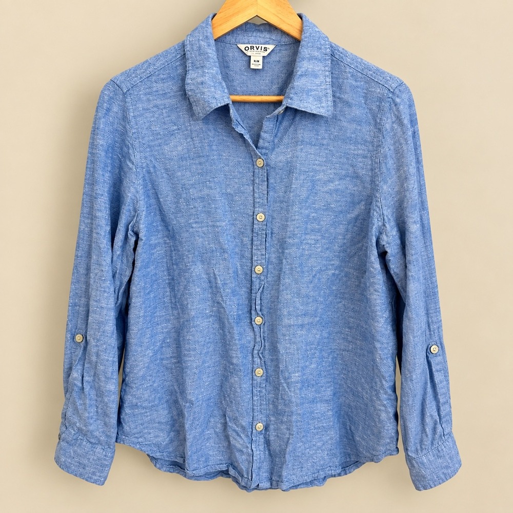Orvis Classic Collection Blue Linen Blend Roll Tab Button Up Shirt M Old Money